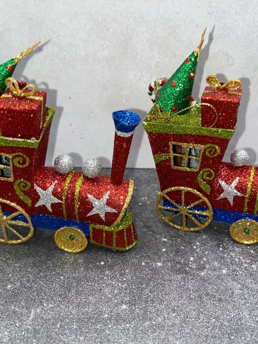 Vintage Pier One Pier 1 Metal Glitter Christmas Train Ornaments Red Green Blue